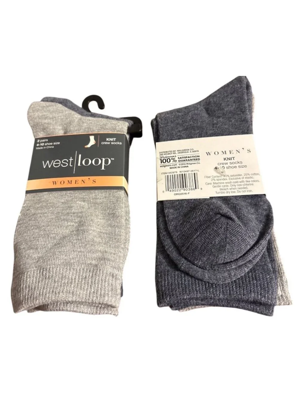 Womens West Loop Knit Crew Socks 2 Pairs Shoe Size 4-10 Gray NWT